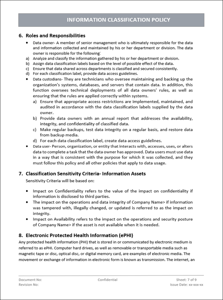 Information classification, Information classification policy