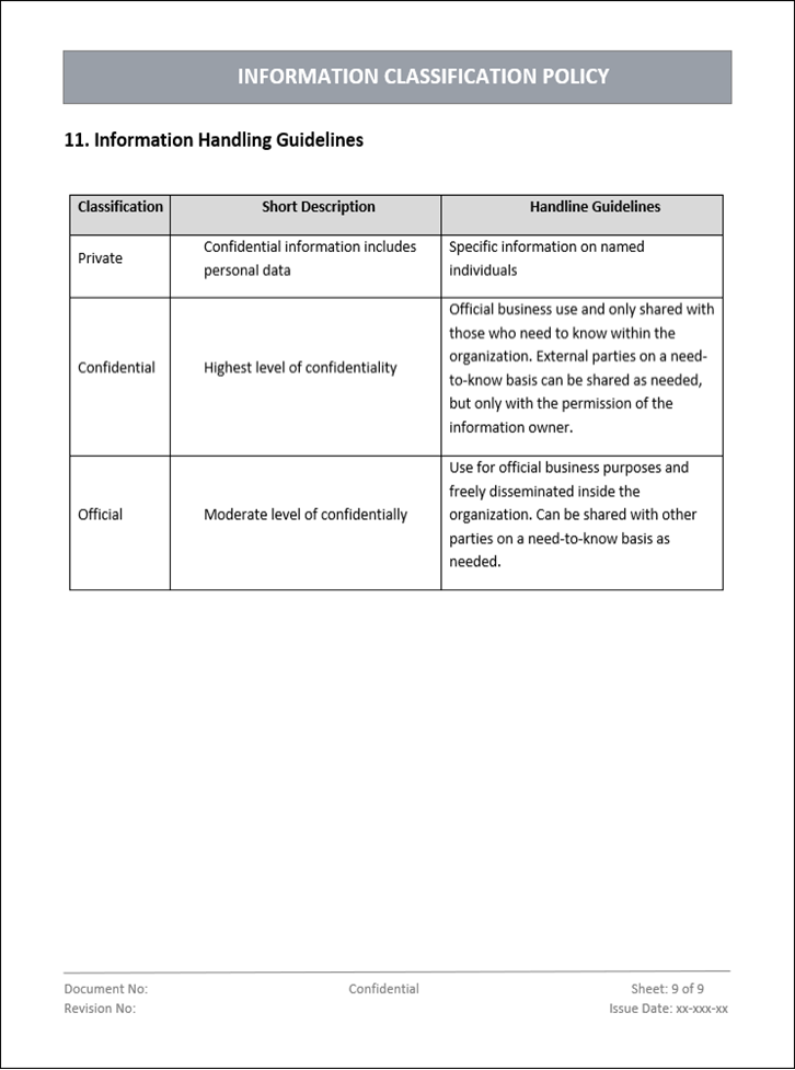 Information classification, Information classification policy