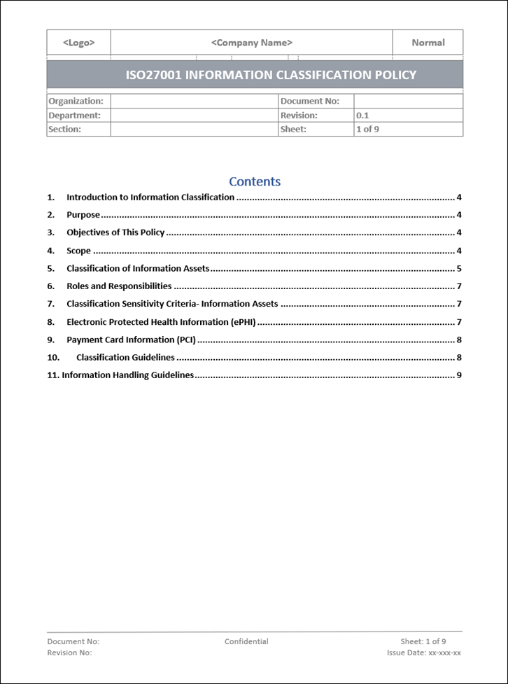 Information classification, Information classification policy