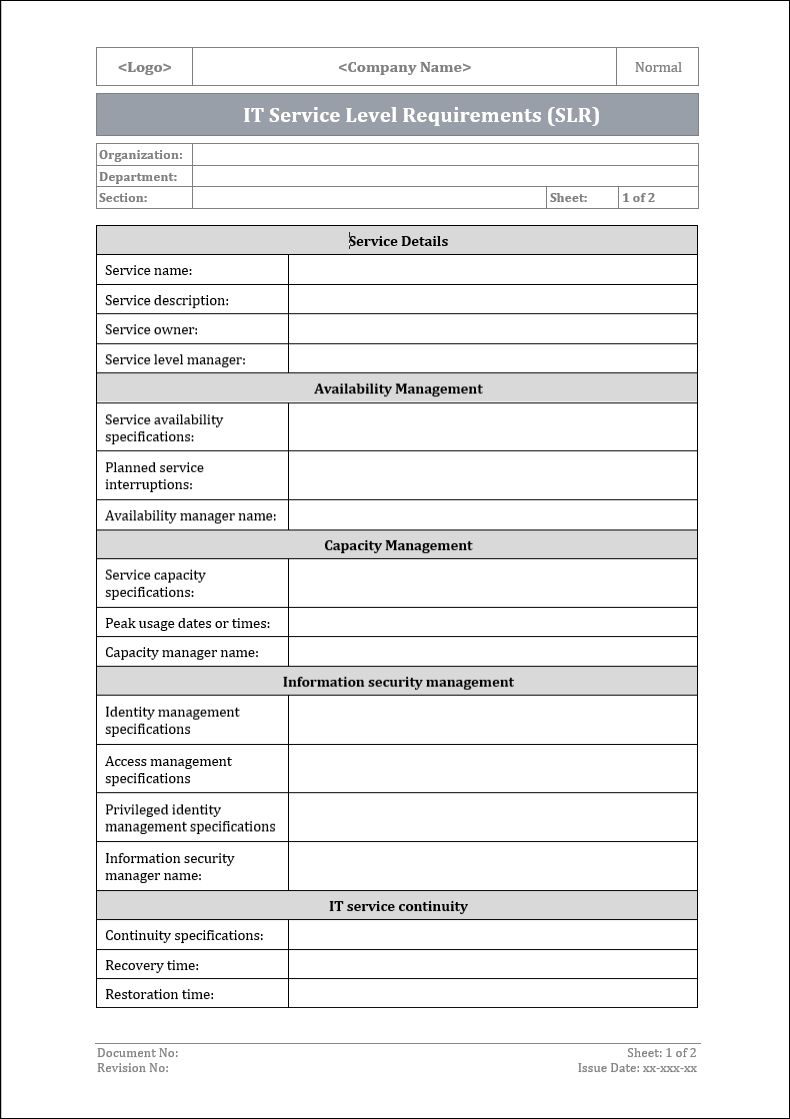 IT service level requirements, service level requirements