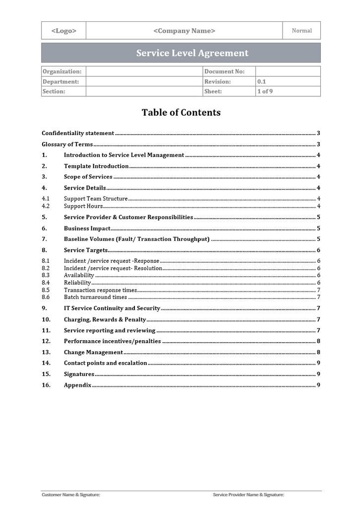 Service level agreement