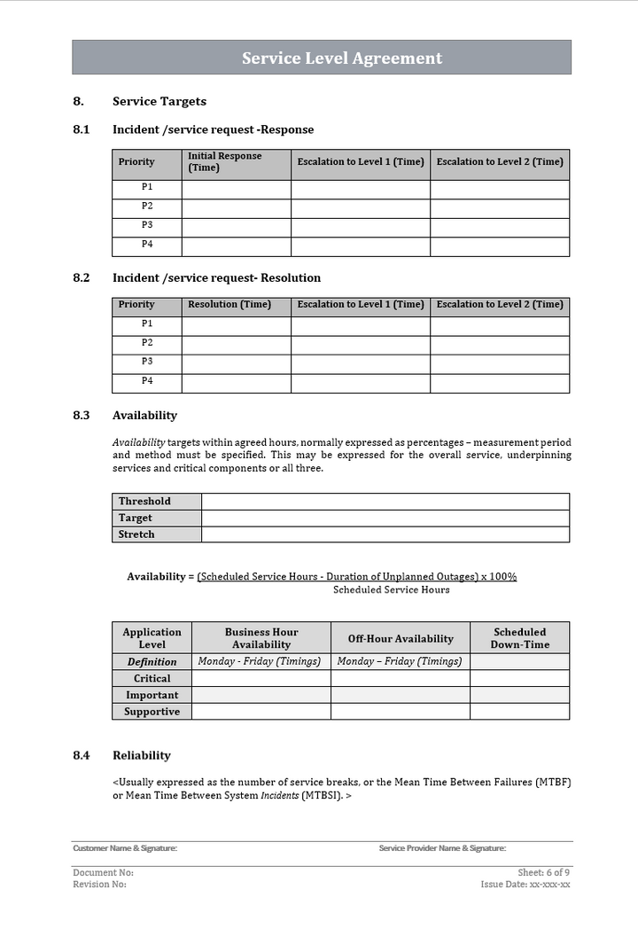 Service level agreement