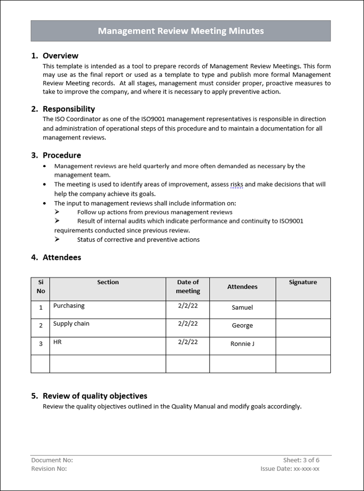 QMS Management Review Meeting Minutes Overview