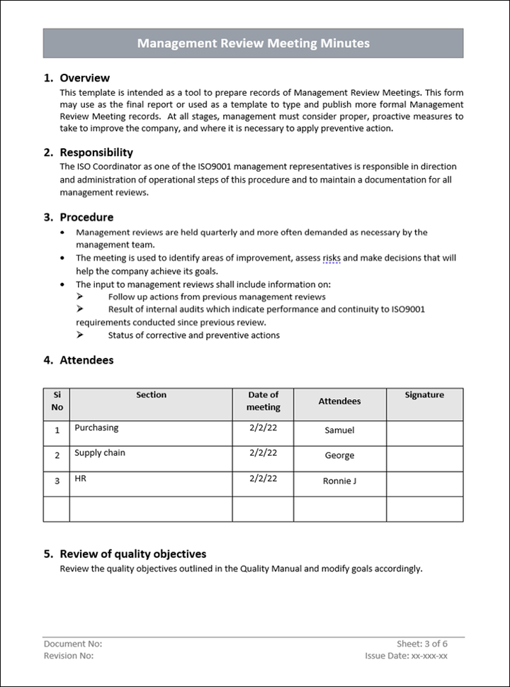 QMS Management Review Meeting Minutes Overview