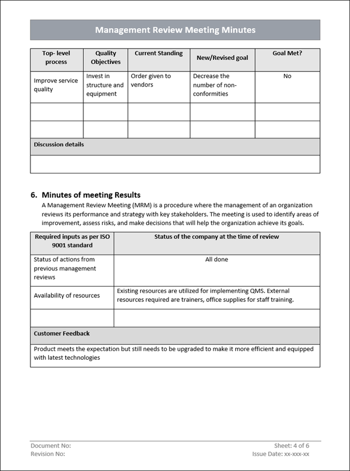 QMS Management Review Meeting Minutes Quality Objectives