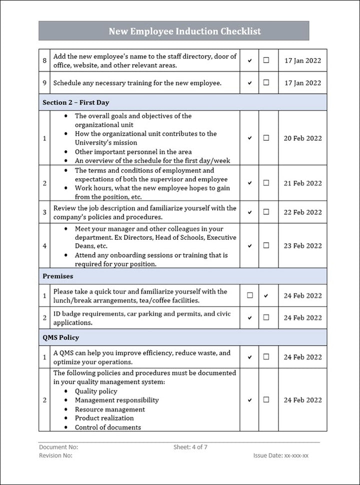 QMS New Employee Induction Checklist