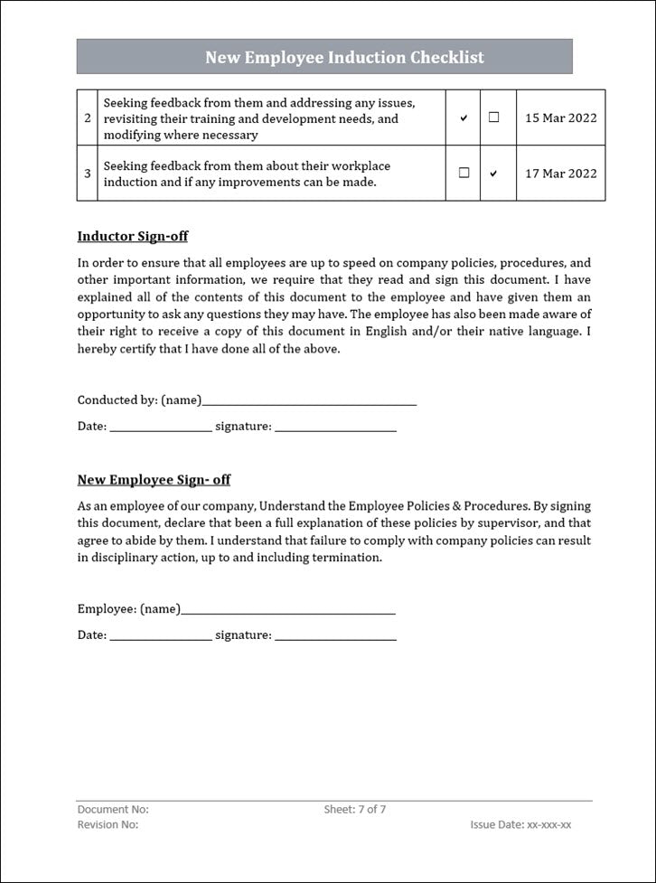 QMS New Employee Induction Checklist