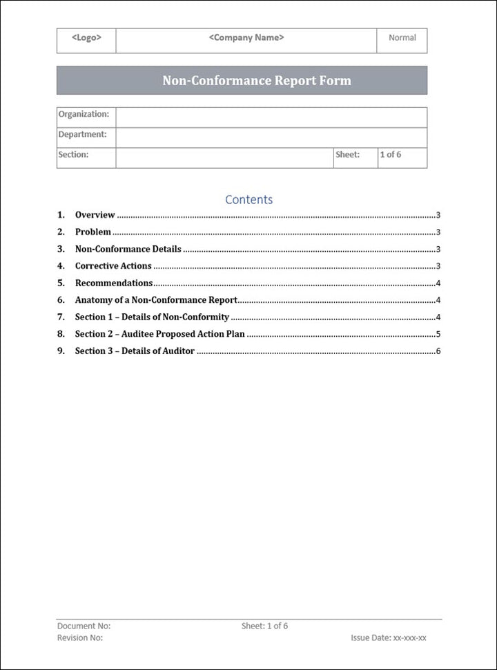 Non Conformance Report Form