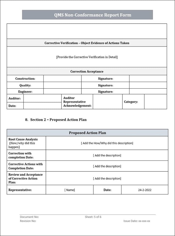 Non Conformance Report Form