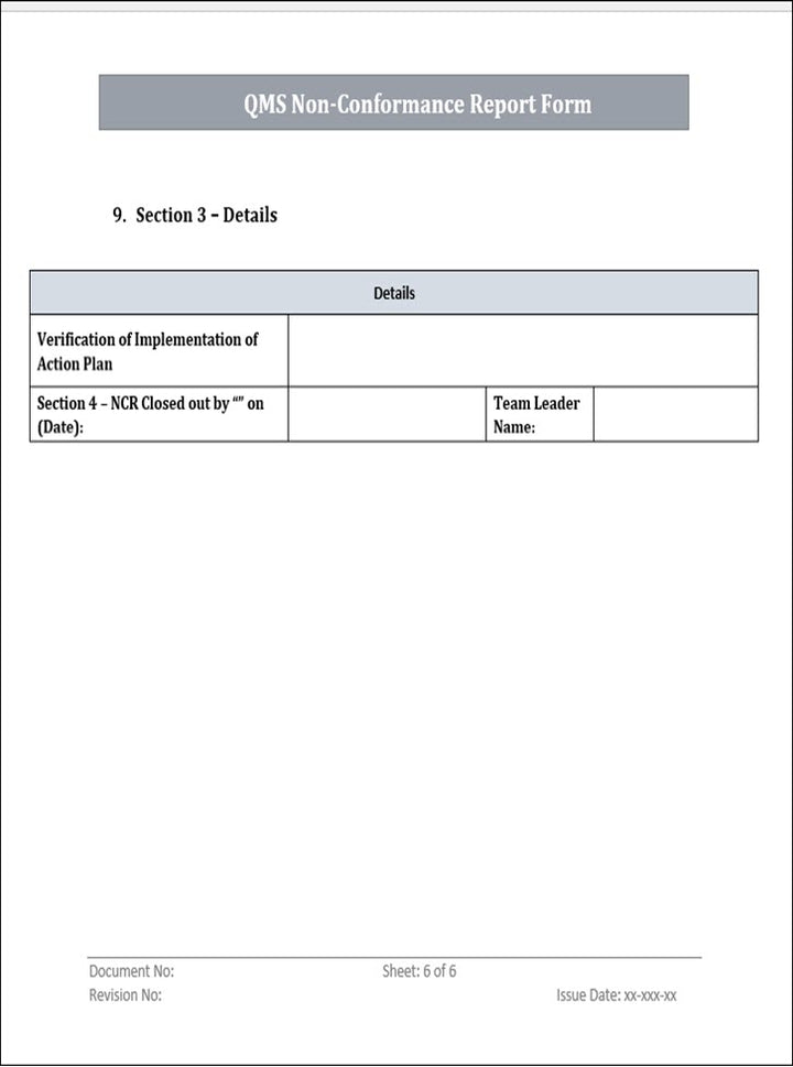 Non Conformance Report Form