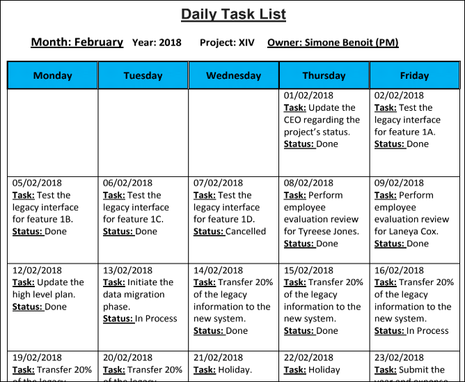 Daily Task List Template