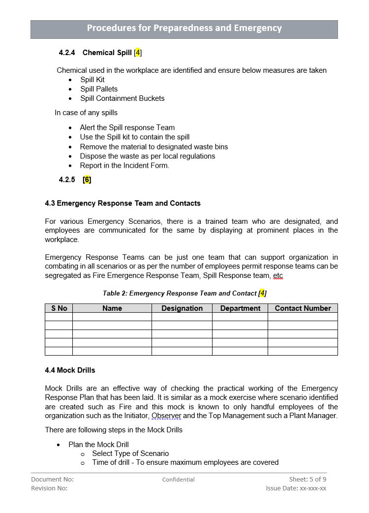 Procedure for Preparedness and Emergency Response, Emergency Response team