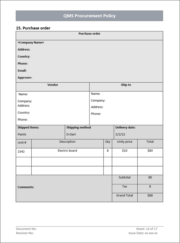 QMS Procurement Purchase Order