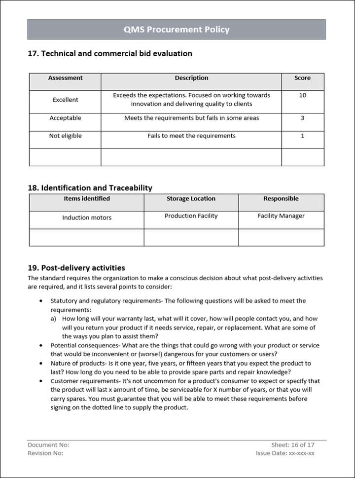 QMS Procurement Post delivery activities