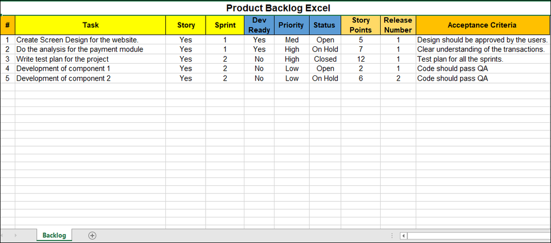 Product Backlog Excel Template