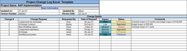 Project Change Log Excel Template