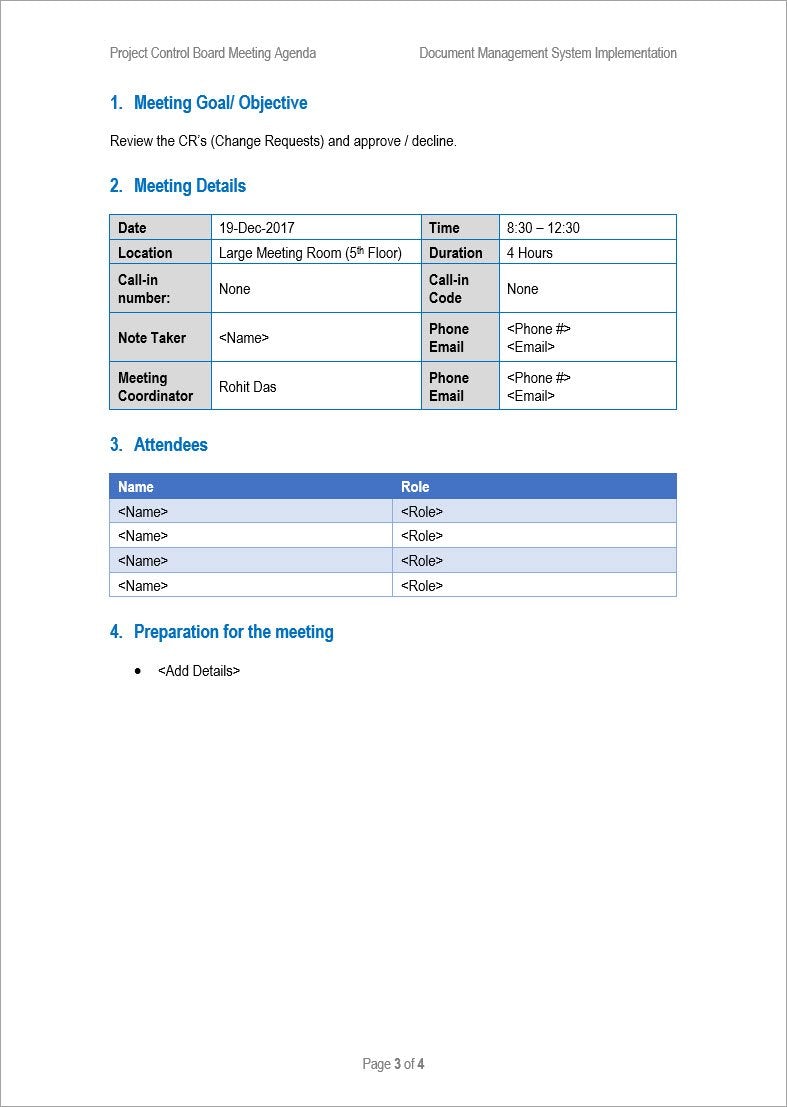 Project Control Board Meeting Agenda, Project Control Board