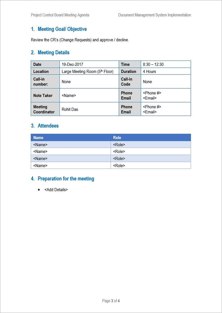 Project Control Board Meeting Agenda, Project Control Board