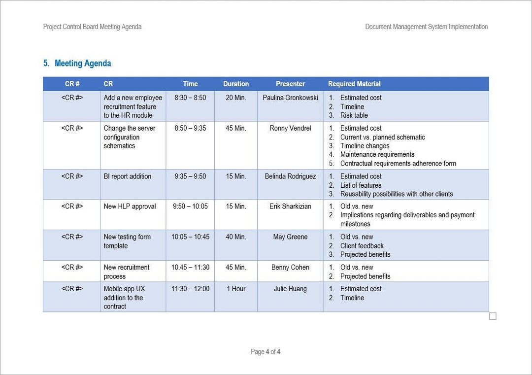 Project Control Board Meeting Agenda