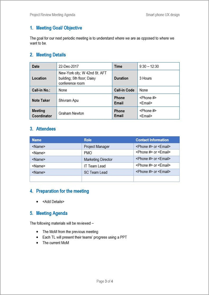 Project Review Meeting Agenda, Project Review