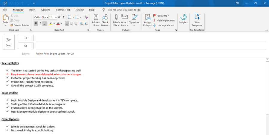 Project Update Brief Outlook Template, Project update