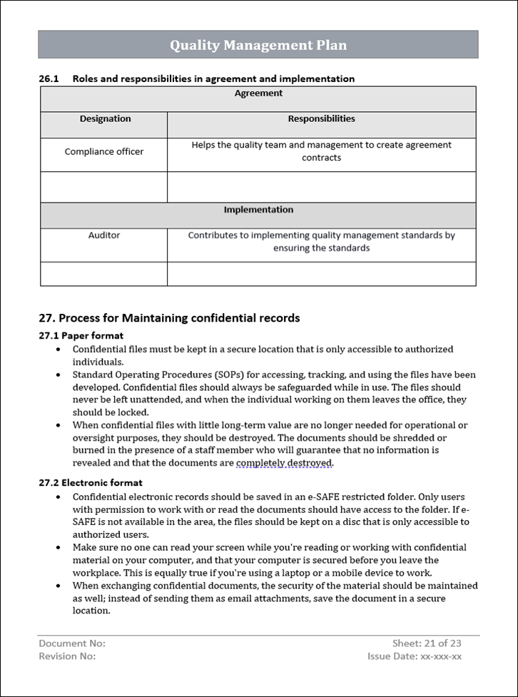 Quality Management Plan, Quality Management Plan implementation