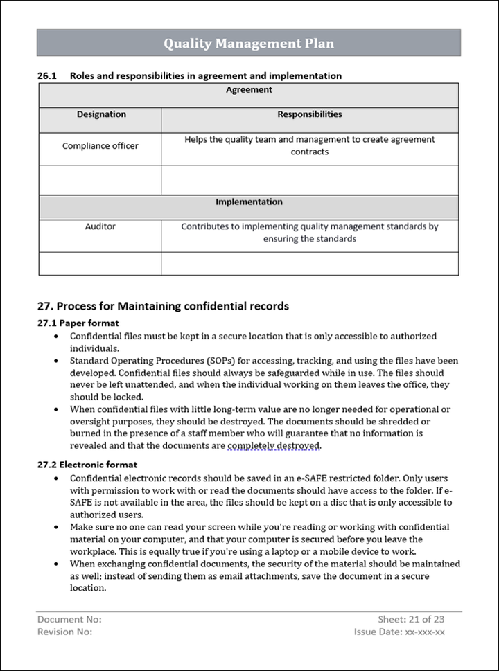 Quality Management Plan, Quality Management Plan implementation