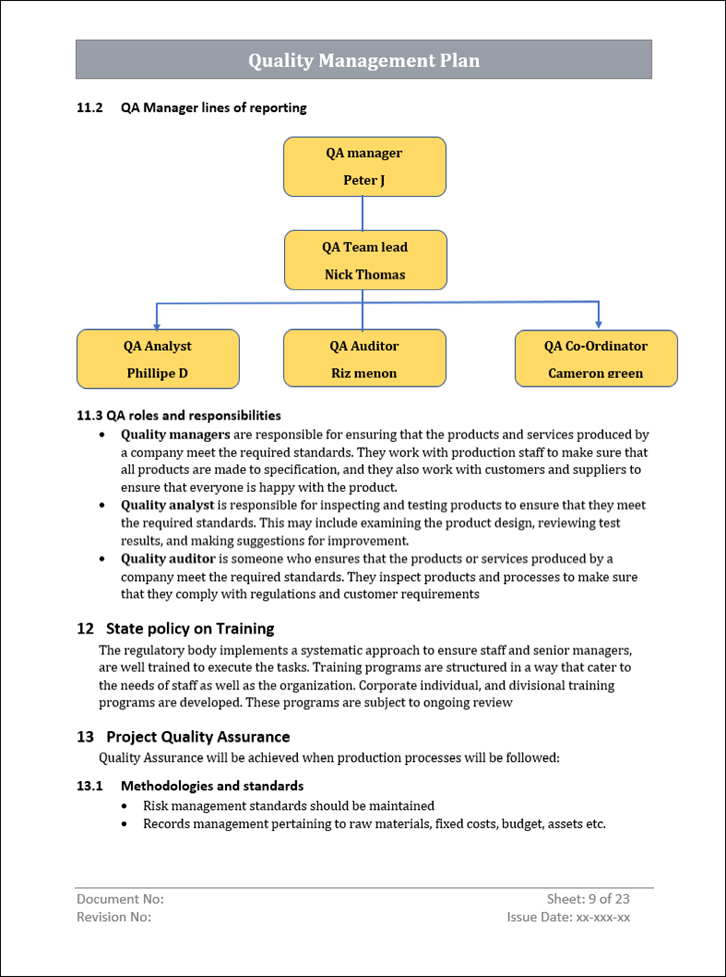 Quality Management Plan, Quality Management Plan lines of reporting