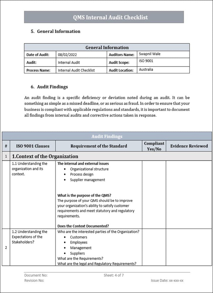 QMS Internal Audit Checklist Template Word