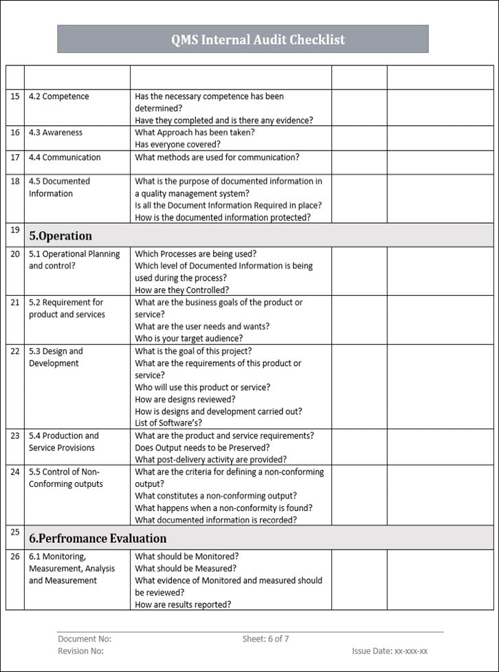 Internal Audit Checklist Template QMS