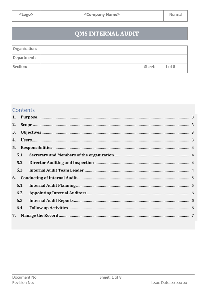 QMS Internal Audit Procedure Templates