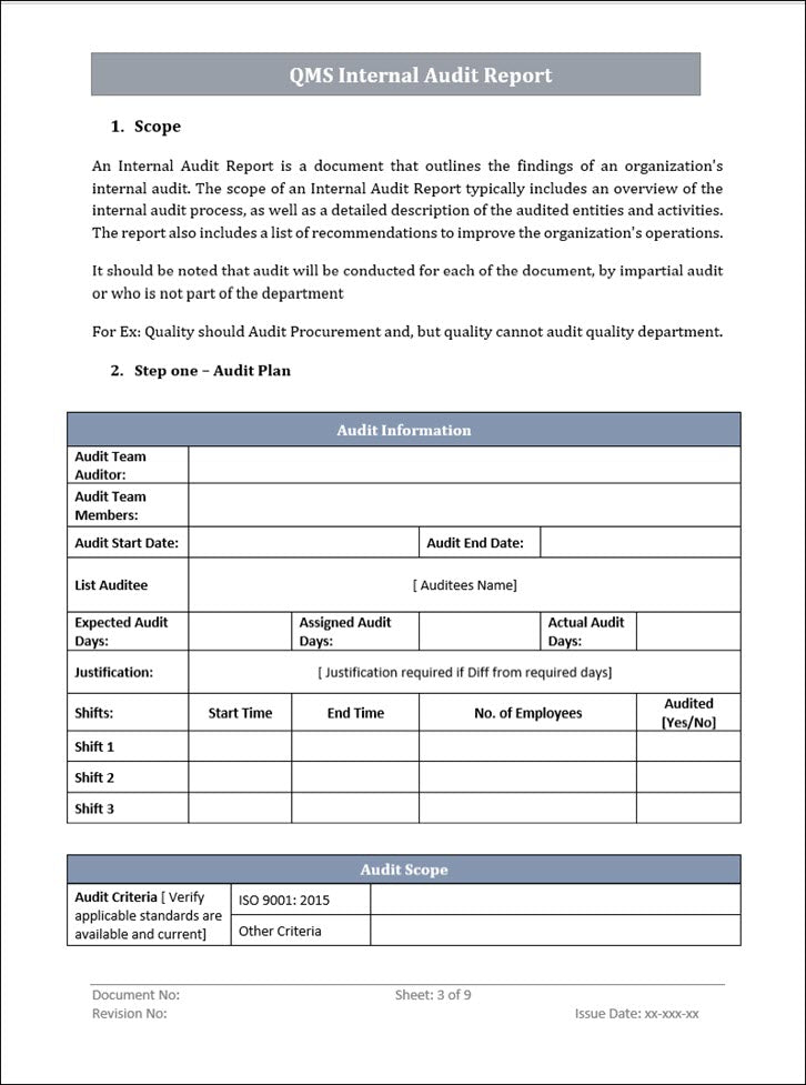 QMS Internal Audit Report Template Word