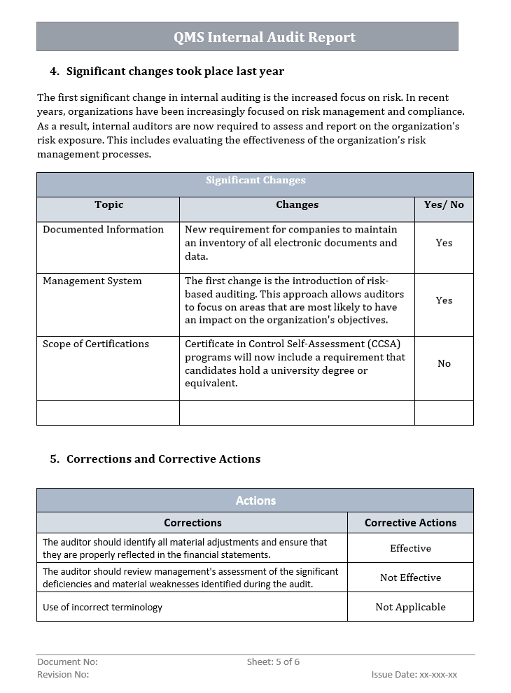 QMS Internal Audit Report Corrections and Corrective Actions