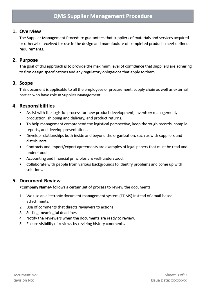 QMS Supplier Management Procedure Word Template