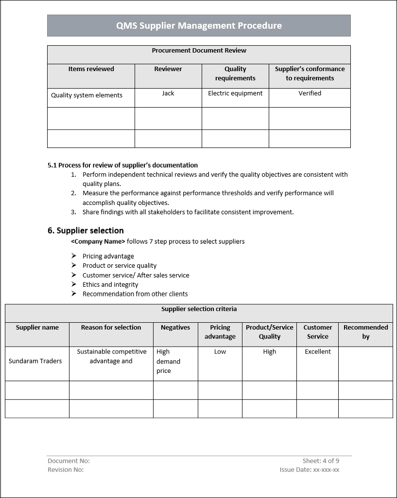 QMS Supplier Management Procedure Template Word