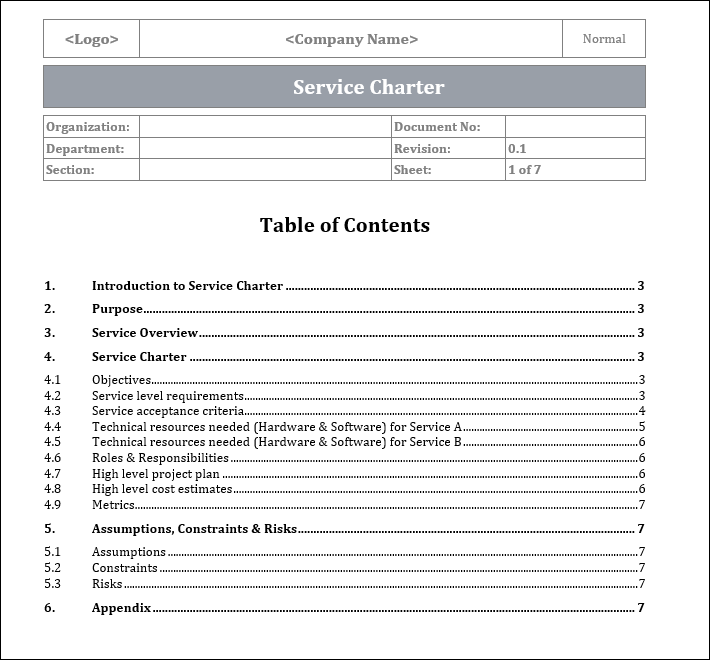 Service Charter Template, Service Charter