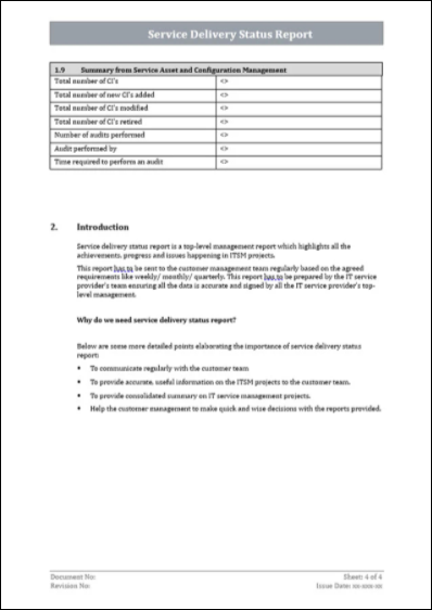 Service delivery status report, service management