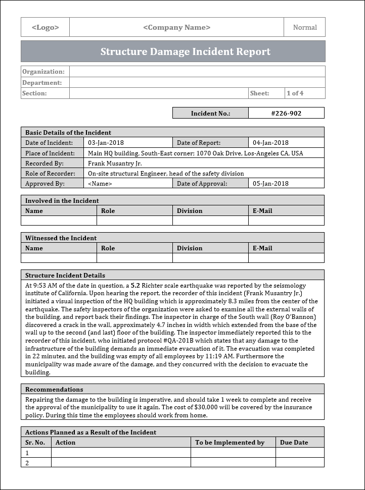 Structure Damage Incident Report