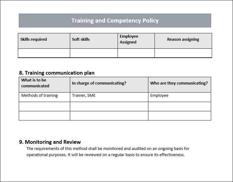 QMS Training and competency communication plan