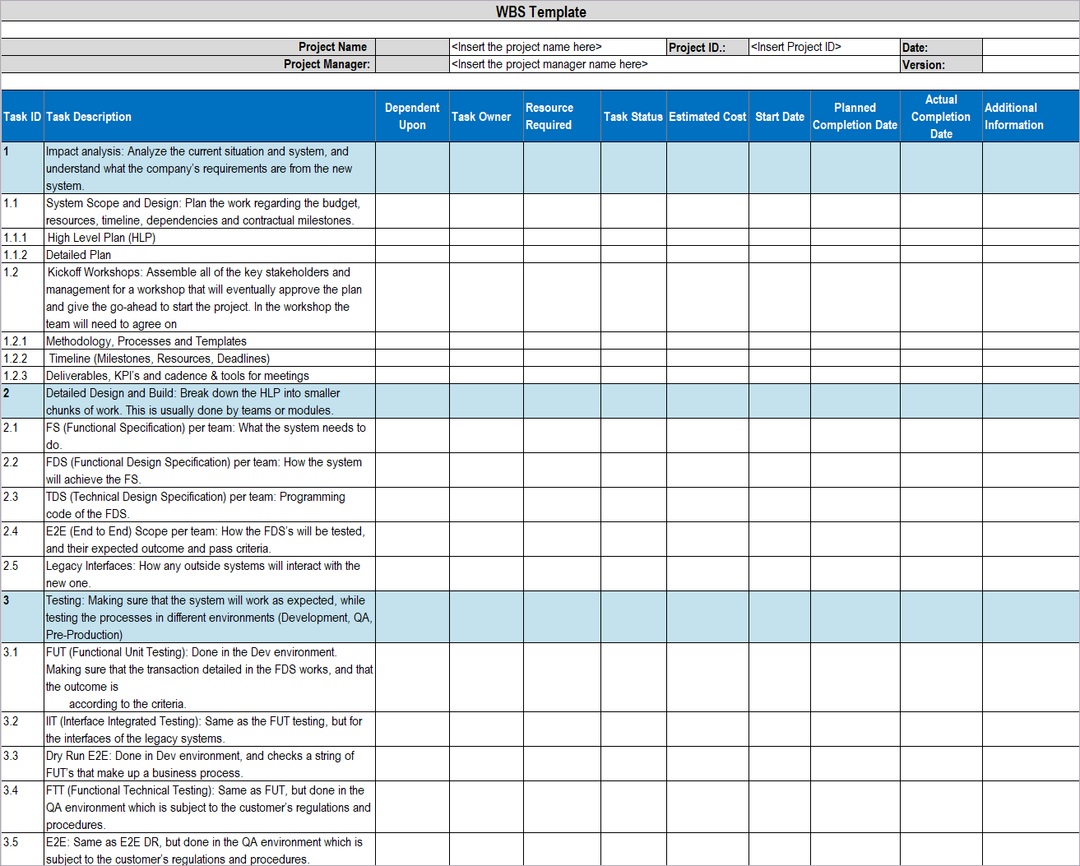 WBS Excel Template, WBS template, Work Breakdown Structure