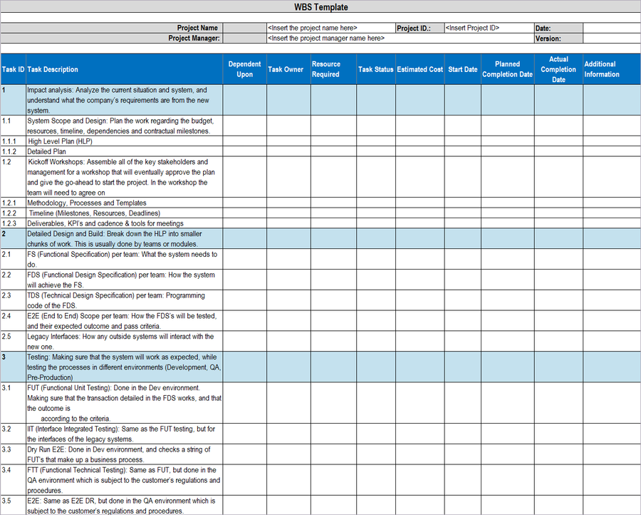 WBS Excel Template, WBS template, Work Breakdown Structure