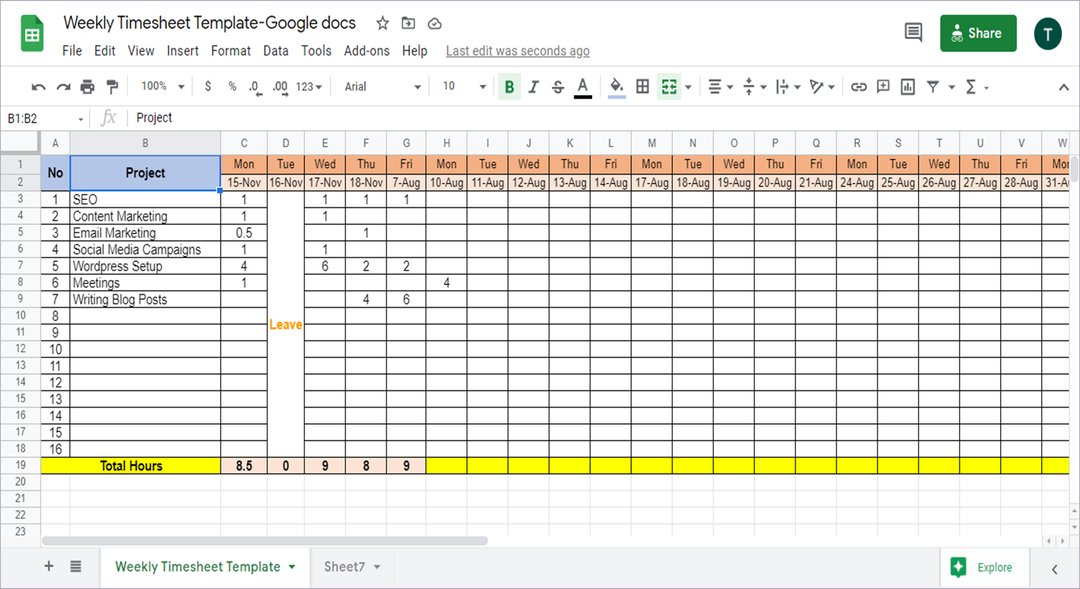 Weekly Timesheet Google Docs Template