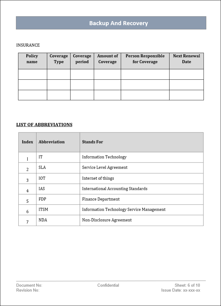 Backup and recovery policy, Backup and recovery template, Backup and recovery