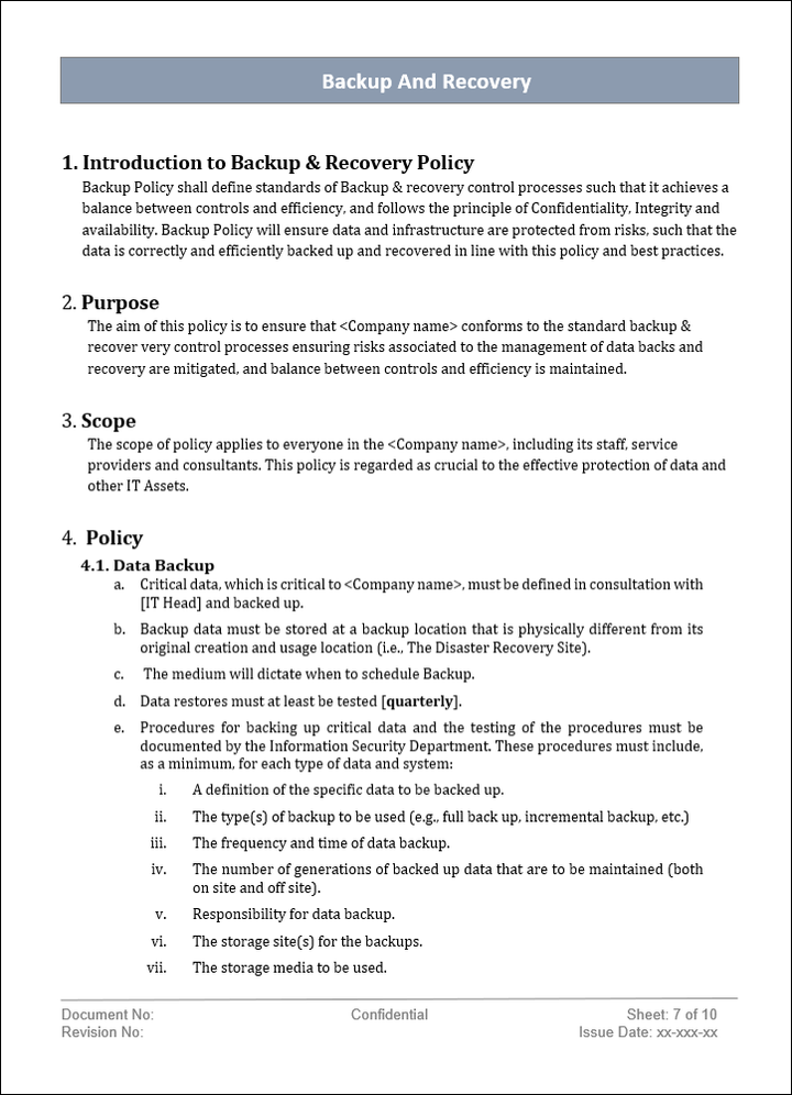 Backup and recovery policy, Backup and recovery template, Backup and recovery