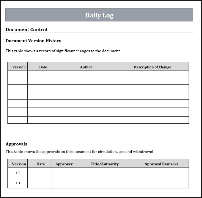 Daily log template, ITIL daily log