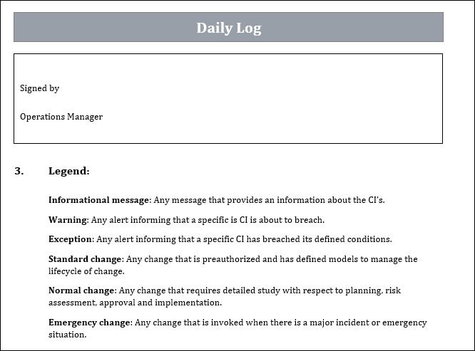 Daily log template, ITIL daily log