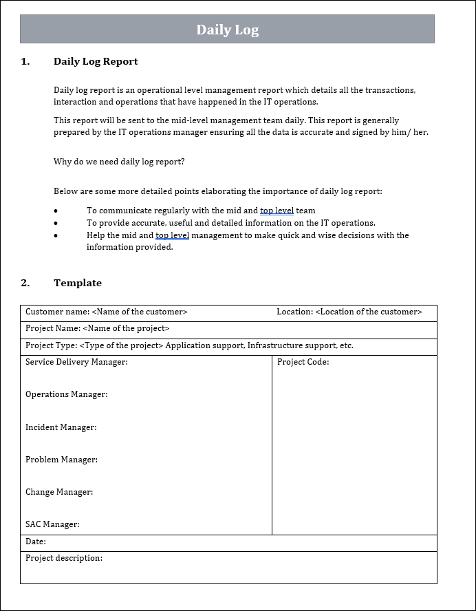 Daily log template, ITIL daily log