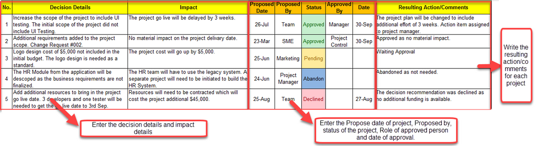 Decision Log Excel 