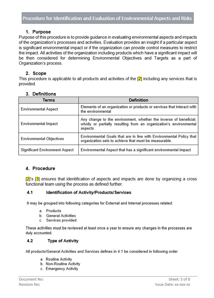 Identification and Evaluation of Environmental Aspects and Risks environment evalaution