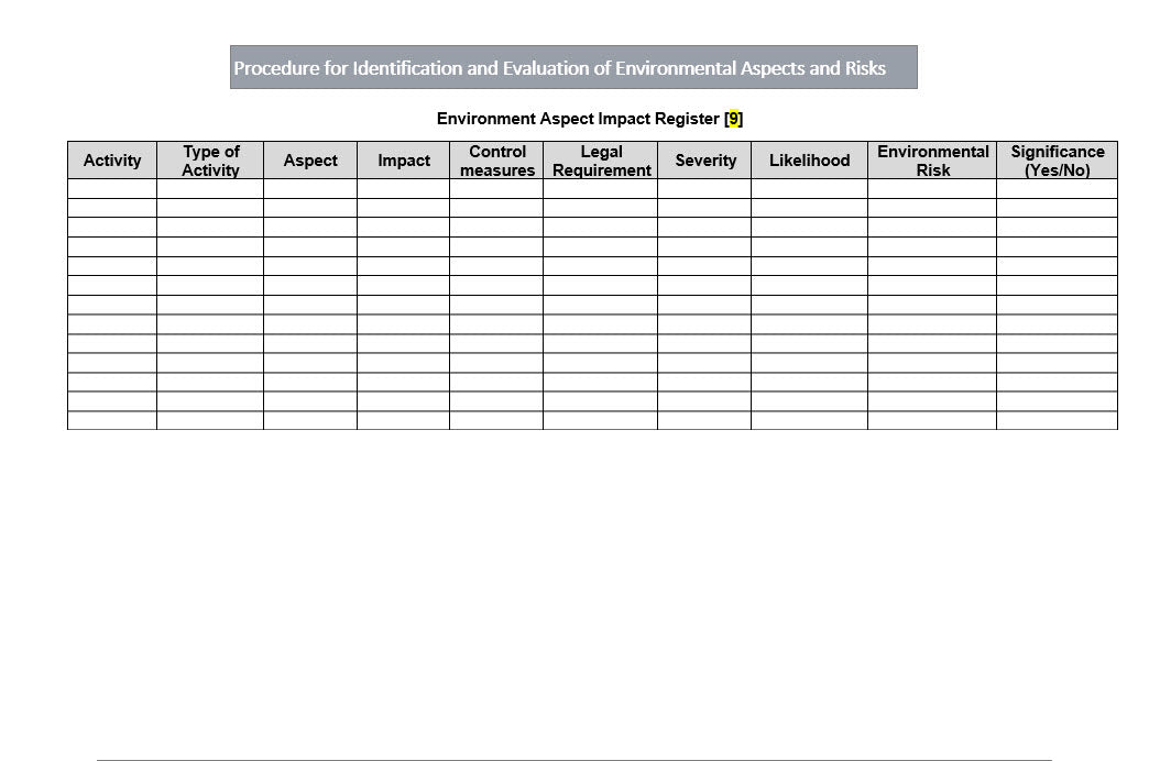 Identification and Evaluation of Environmental Aspects and Risks, environment impact register